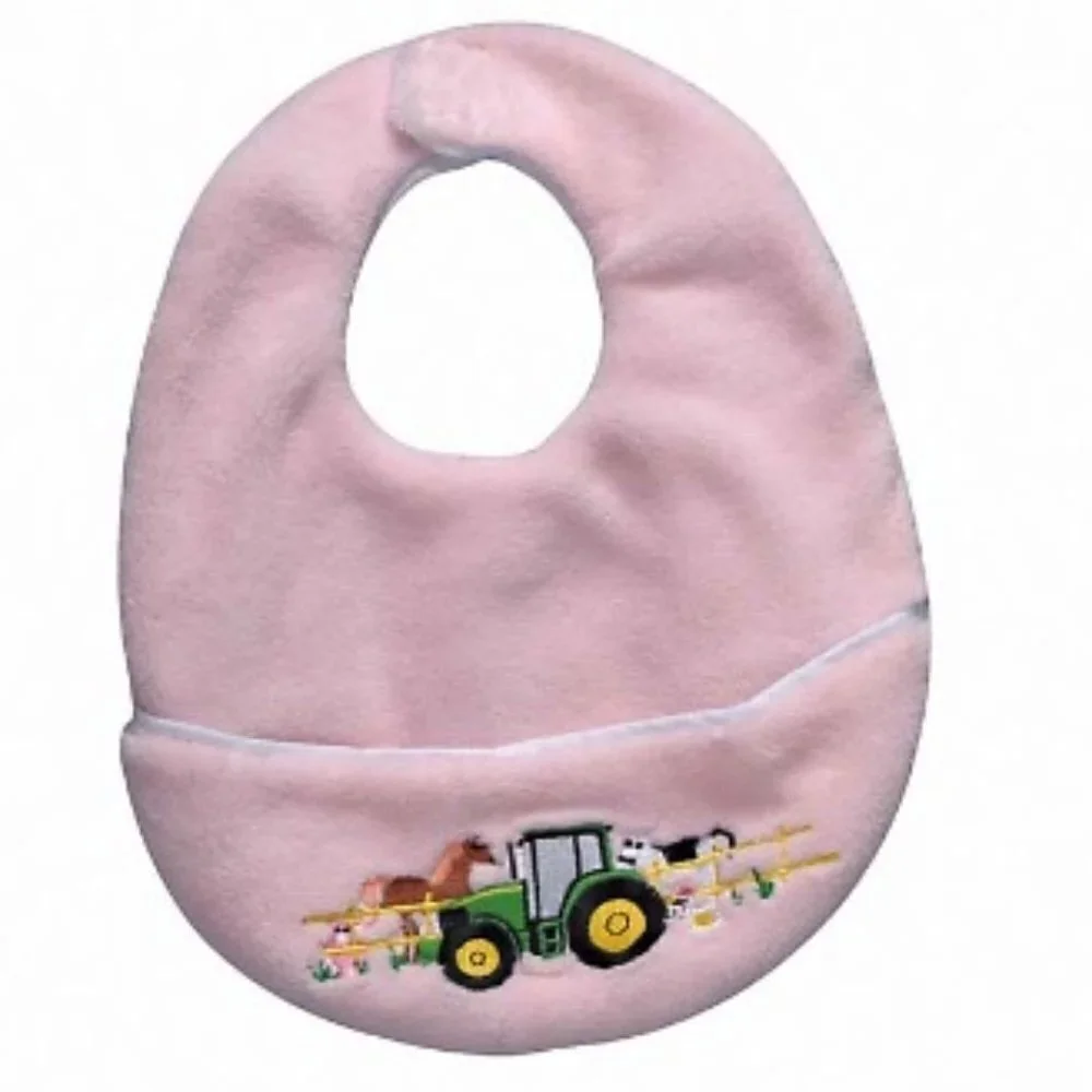2 Pack John Deere Infant Embroidered Farm Animals Pink Plush Bib